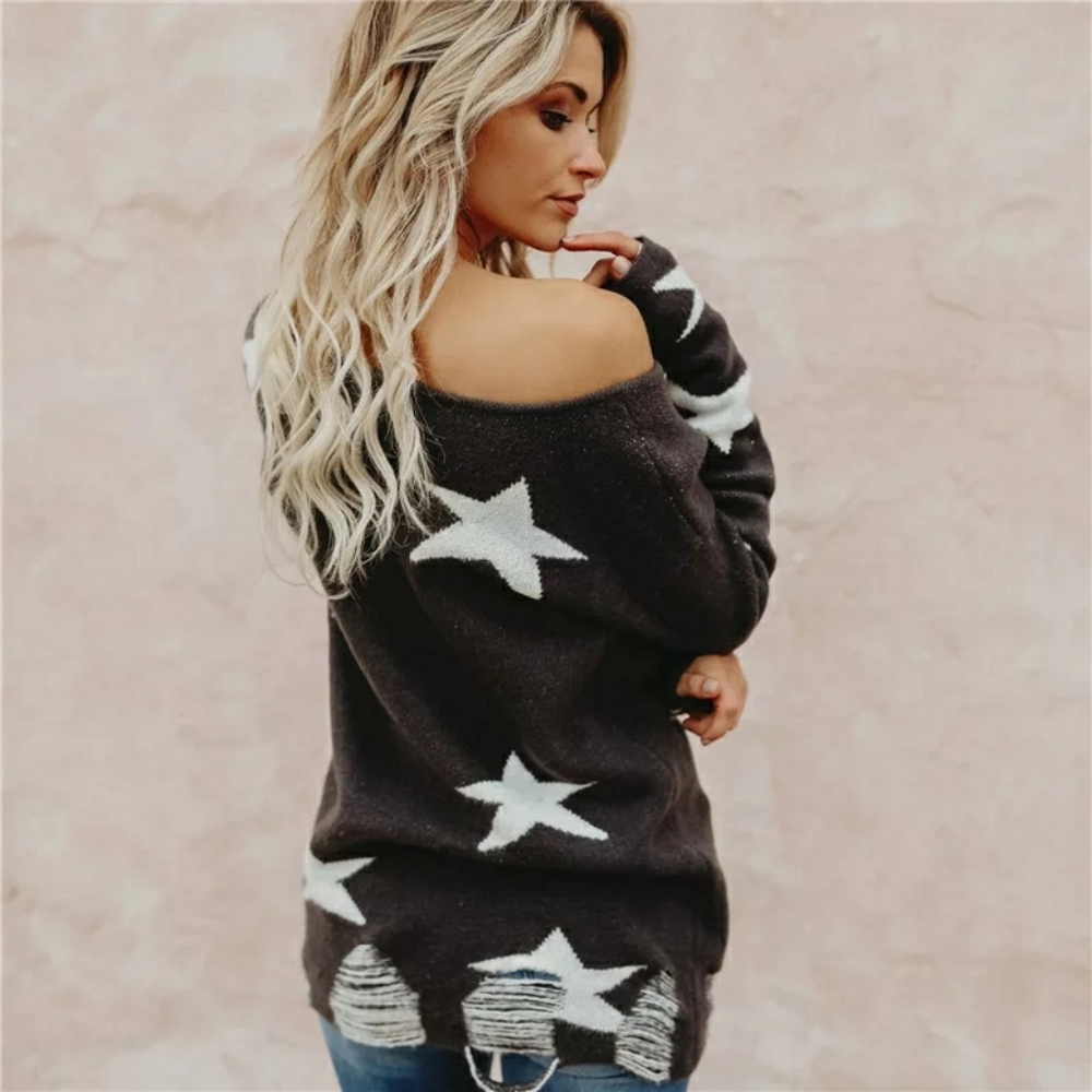 New! Black Knit Star Distressed Hem Sweater - Picture 3 of 8